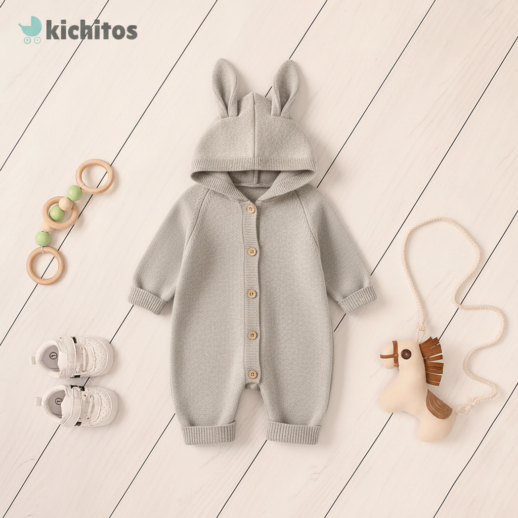 Jumper conejo - flat lay fondo madera blanca